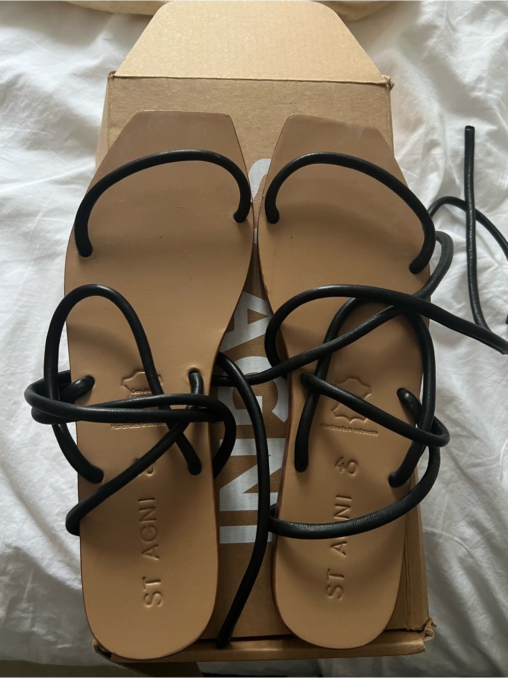 St. Agni Black Strappy Tan Footbed Lace-Up Sandals